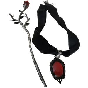 Gothic Cameo Pendant Choker Velvet Necklace & Long Stem Rose Hair Stick Silver